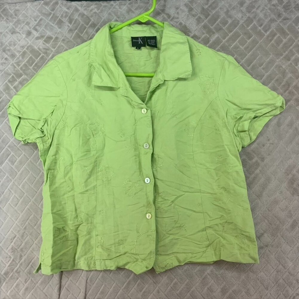 Dina K Womens L Shirt Lime Green Ramie Blend Floral Embroidered Button Up Collar
